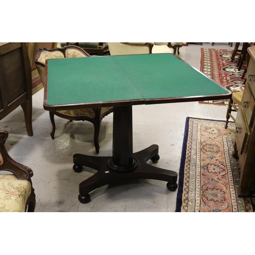 1152 - Antique English fold over card table, with green playing surface, approx 75cm H x 91cm L x 45cm D (c... 