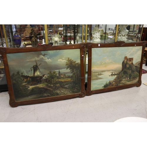 1159 - Pair of large French paintings, showing windmill & castle scene, oil on canvas, signed, each approx ... 