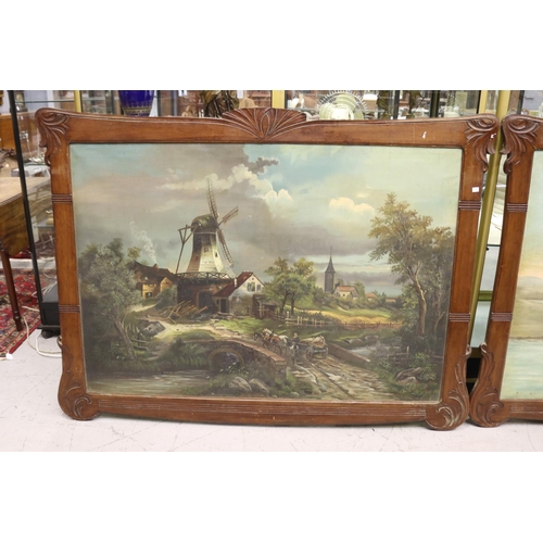 1159 - Pair of large French paintings, showing windmill & castle scene, oil on canvas, signed, each approx ... 