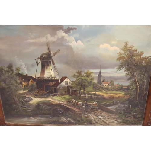 1159 - Pair of large French paintings, showing windmill & castle scene, oil on canvas, signed, each approx ... 