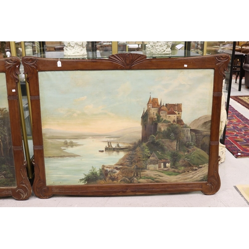 1159 - Pair of large French paintings, showing windmill & castle scene, oil on canvas, signed, each approx ... 