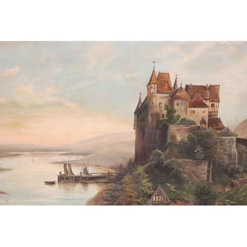 1159 - Pair of large French paintings, showing windmill & castle scene, oil on canvas, signed, each approx ... 