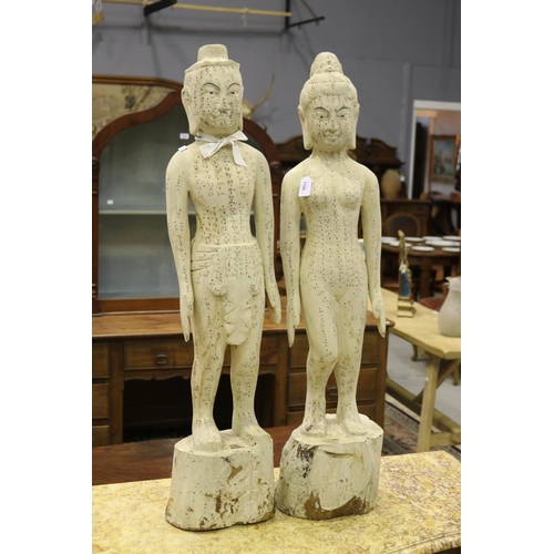 1160 - Pair of wooden acupuncture decorative figures, male and female, each approx 100cm H (2)