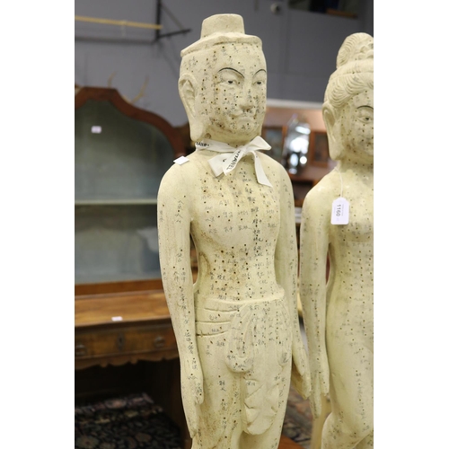 1160 - Pair of wooden acupuncture decorative figures, male and female, each approx 100cm H (2)