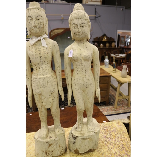 1160 - Pair of wooden acupuncture decorative figures, male and female, each approx 100cm H (2)