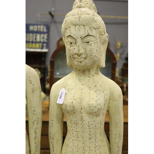 1160 - Pair of wooden acupuncture decorative figures, male and female, each approx 100cm H (2)