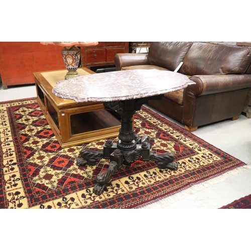 1178 - Marble top centre table, with claw feet, standing on pedestal base, approx 75cm H x 102cm L x 66cm W... 