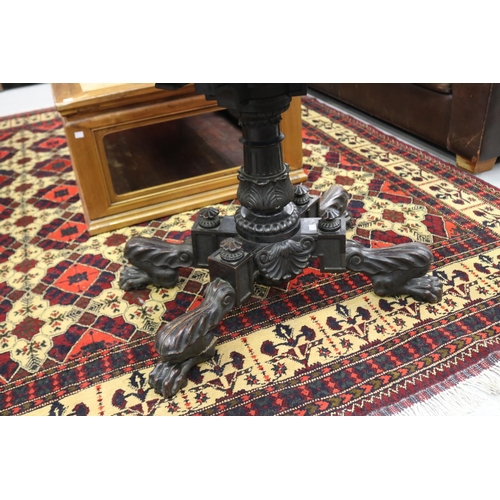 1178 - Marble top centre table, with claw feet, standing on pedestal base, approx 75cm H x 102cm L x 66cm W... 