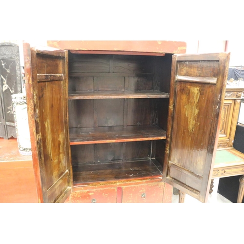 1182 - Oriental red lacquer wedding cupboard, with two drawers, approx 182cm H x 105cm W x 48cm D