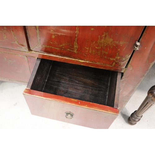 1182 - Oriental red lacquer wedding cupboard, with two drawers, approx 182cm H x 105cm W x 48cm D