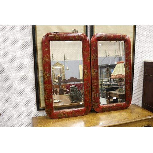 1205 - Pair of Chinese red Chinoiserie lacquer bevelled edge wall mirrors, each approx 107cm H x 61cm W (2)