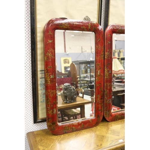 1205 - Pair of Chinese red Chinoiserie lacquer bevelled edge wall mirrors, each approx 107cm H x 61cm W (2)