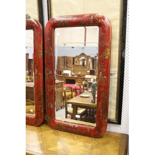 1205 - Pair of Chinese red Chinoiserie lacquer bevelled edge wall mirrors, each approx 107cm H x 61cm W (2)