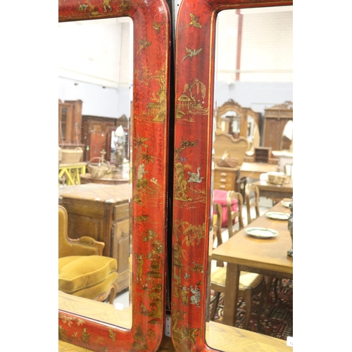 1205 - Pair of Chinese red Chinoiserie lacquer bevelled edge wall mirrors, each approx 107cm H x 61cm W (2)