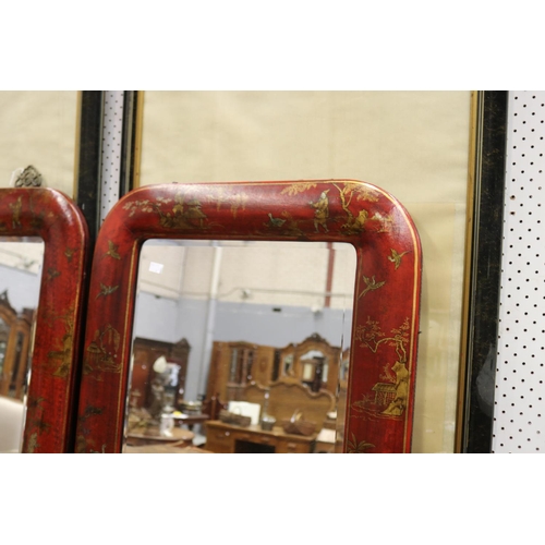 1205 - Pair of Chinese red Chinoiserie lacquer bevelled edge wall mirrors, each approx 107cm H x 61cm W (2)