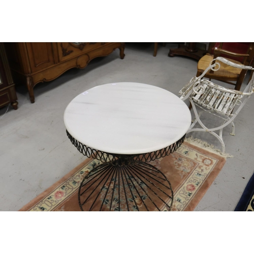 1227 - Garden table with circular marble top & twisted stylised base, approx 70cm H x 70cm Dia