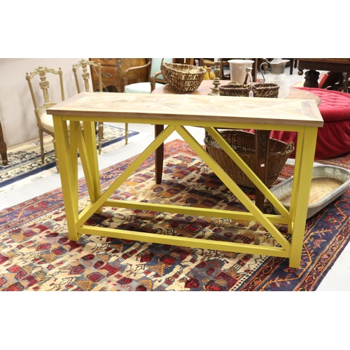 1234 - Console table with parquetry top and painted yellow frame, approx 81cm H x 140cm L x 45cm D