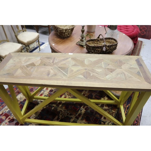 1234 - Console table with parquetry top and painted yellow frame, approx 81cm H x 140cm L x 45cm D