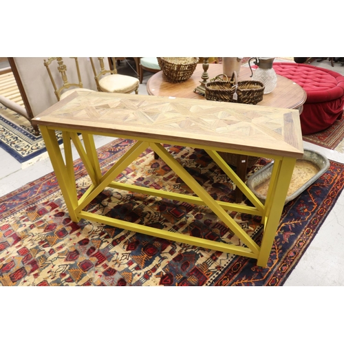 1234 - Console table with parquetry top and painted yellow frame, approx 81cm H x 140cm L x 45cm D