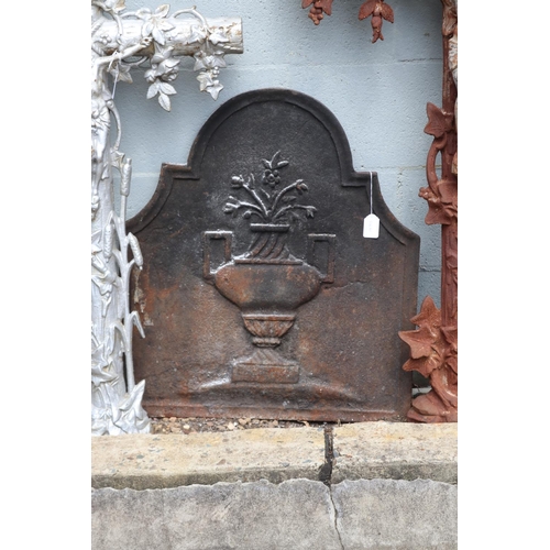 1329 - Antique French cast iron fireback with urn decoration, approx 63cm H x 56cm W