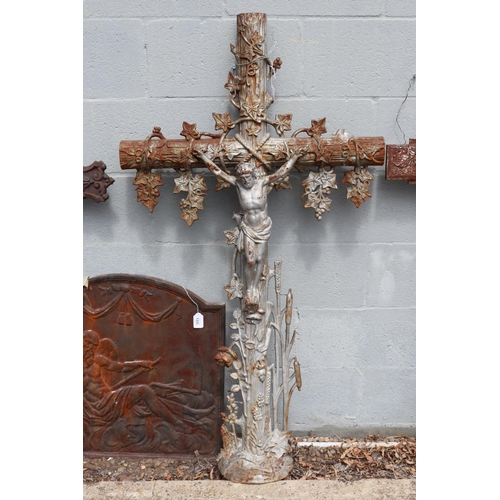 1332 - Antique French cast iron cross, approx 124cm H x 66cm W