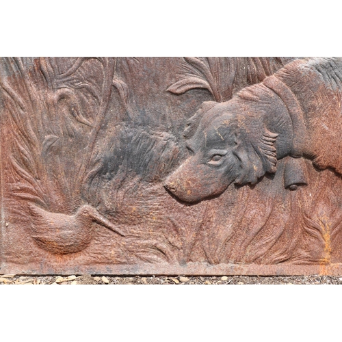 1336 - Antique French cast iron fireback, decorated with dog, approx 50cm H x 63cm D
