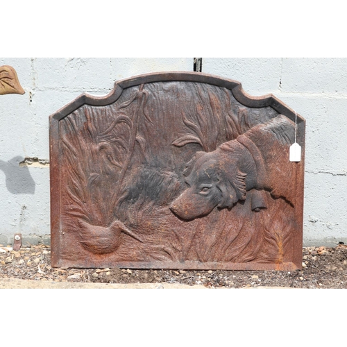 1336 - Antique French cast iron fireback, decorated with dog, approx 50cm H x 63cm D