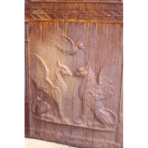 1348 - Antique French cast iron fireback showing opposing griffins, approx 68cm H x 50cm W