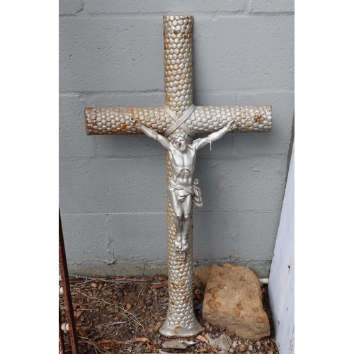 1310 - Antique French cast iron cross, Jesus, approx 91cm H x 48cm W