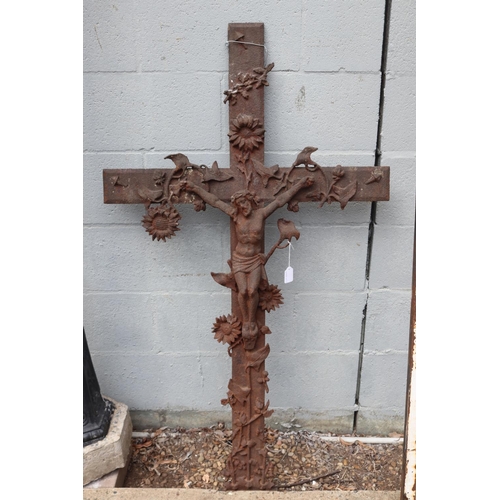 1313 - Antique French cast iron cross, Jesus, approx 123cm H x 71cm W
