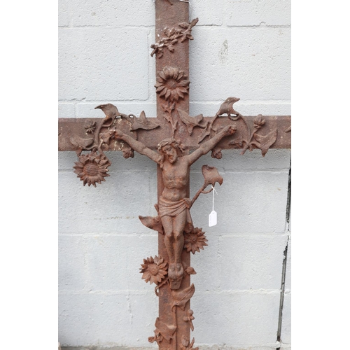 1313 - Antique French cast iron cross, Jesus, approx 123cm H x 71cm W