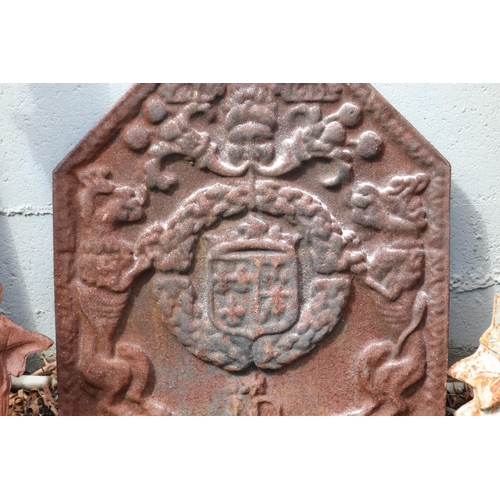 1321 - Antique French cast iron fireback, approx 45cm H x 44cm W