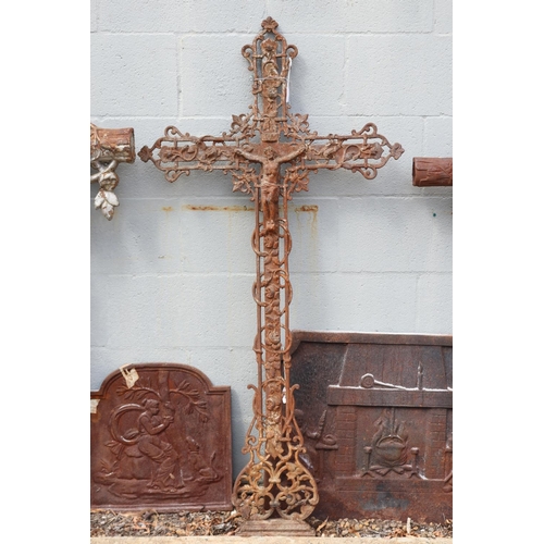 1324 - Antique French cast iron cross, approx 128cm H x 64cm W