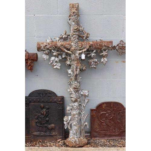 1326 - Antique French cast iron cross, Jesus, approx 132cm H x 66cm W