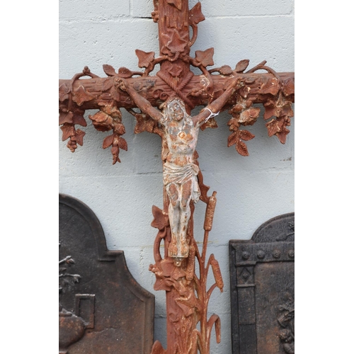 1328 - Antique French cast iron cross, Jesus, approx 122cm H x 64cm W