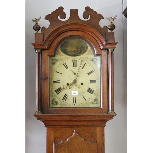1032 - Antique George III oak longcase clock with two weights and a pendulum, approx 211cm H x 47cm W x 23c... 
