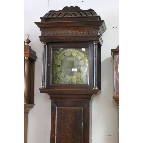 1033 - Antique George II oak longcase clock, circa 1750, no key, has weights and pendulum, approx 224cm H x... 