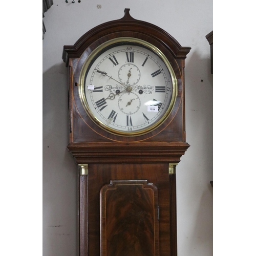 1034 - Scottish mahogany eight day longcase clock marked Barclay Montrose, no key, has weights and pendulum... 