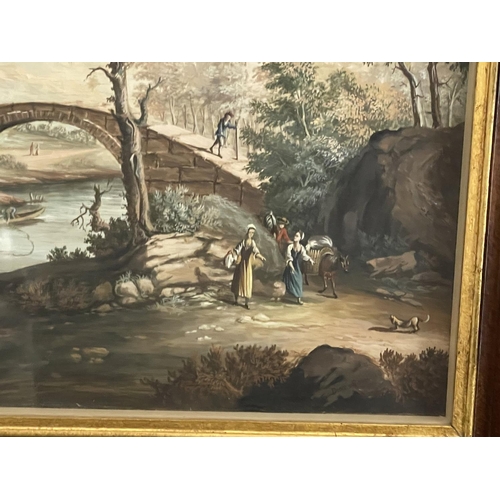 56 - Unknown Italian School, idyllic landscape with figures near a arched stone bridge, oil on board