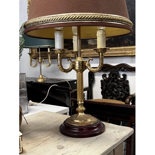 228 - Brass column form three light lamp with brown shade, approx 77cm H
