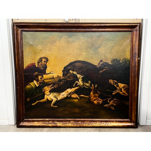 233 - Italian School, Wild boar with hunting hounds, oil on canvas, approx 97cm x 118cm