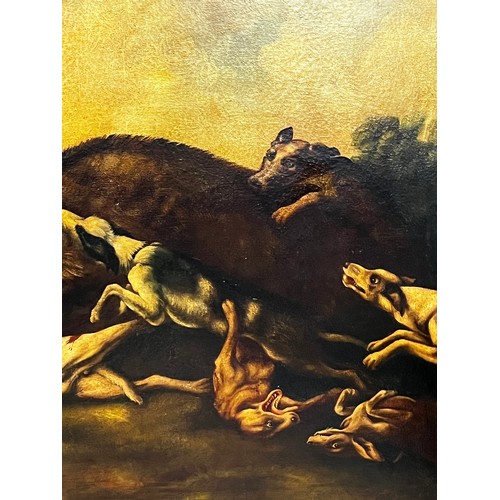 233 - Italian School, Wild boar with hunting hounds, oil on canvas, approx 97cm x 118cm