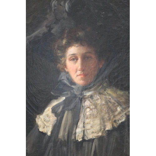211 - John Samuel Watkins (1866-1942) Australia, unknown sitter, lady in a black plume hat, white lace col... 