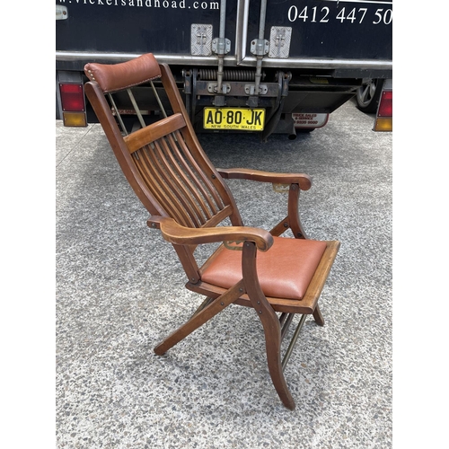 254 - Antique English string inlaid mahogany campaign dentist folding chair, brass fittings, adjustable ar... 