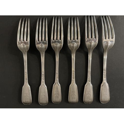 127 - Set of six antique hallmarked sterling silver fiddle and thread entree forks, with Phoenix and Galle... 