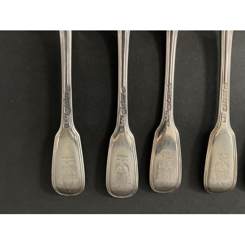 127 - Set of six antique hallmarked sterling silver fiddle and thread entree forks, with Phoenix and Galle... 