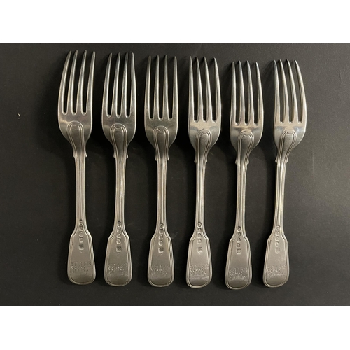 128 - Set of six antique hallmarked sterling silver fiddle and thread entree fork, monogrammed, London Wil... 