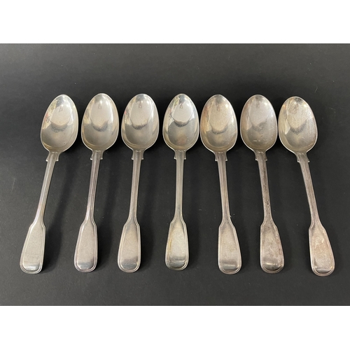 132 - Set of seven mixed antique Victorian hallmarked sterling silver fiddle and thread pattern spoons, Lo... 
