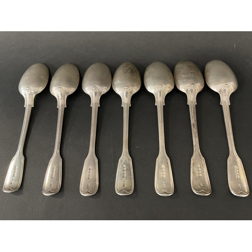 132 - Set of seven mixed antique Victorian hallmarked sterling silver fiddle and thread pattern spoons, Lo... 