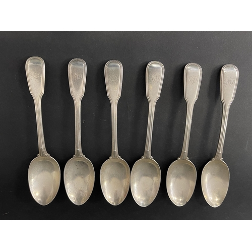 135 - Set of six antique Victorian hallmarked sterling silver fiddle and thread spoons, monogrammed R.I.D,... 